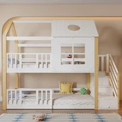 Łóżka dla dzieci i młodzieży - Łóżko dziecięce 90x200 cm - Szafka z schodami - Kiefer+MDF Biały+Naturalny - Ochrona przeciw wypadkowi - Projekt domowy z oknami - miniaturka - grafika 1