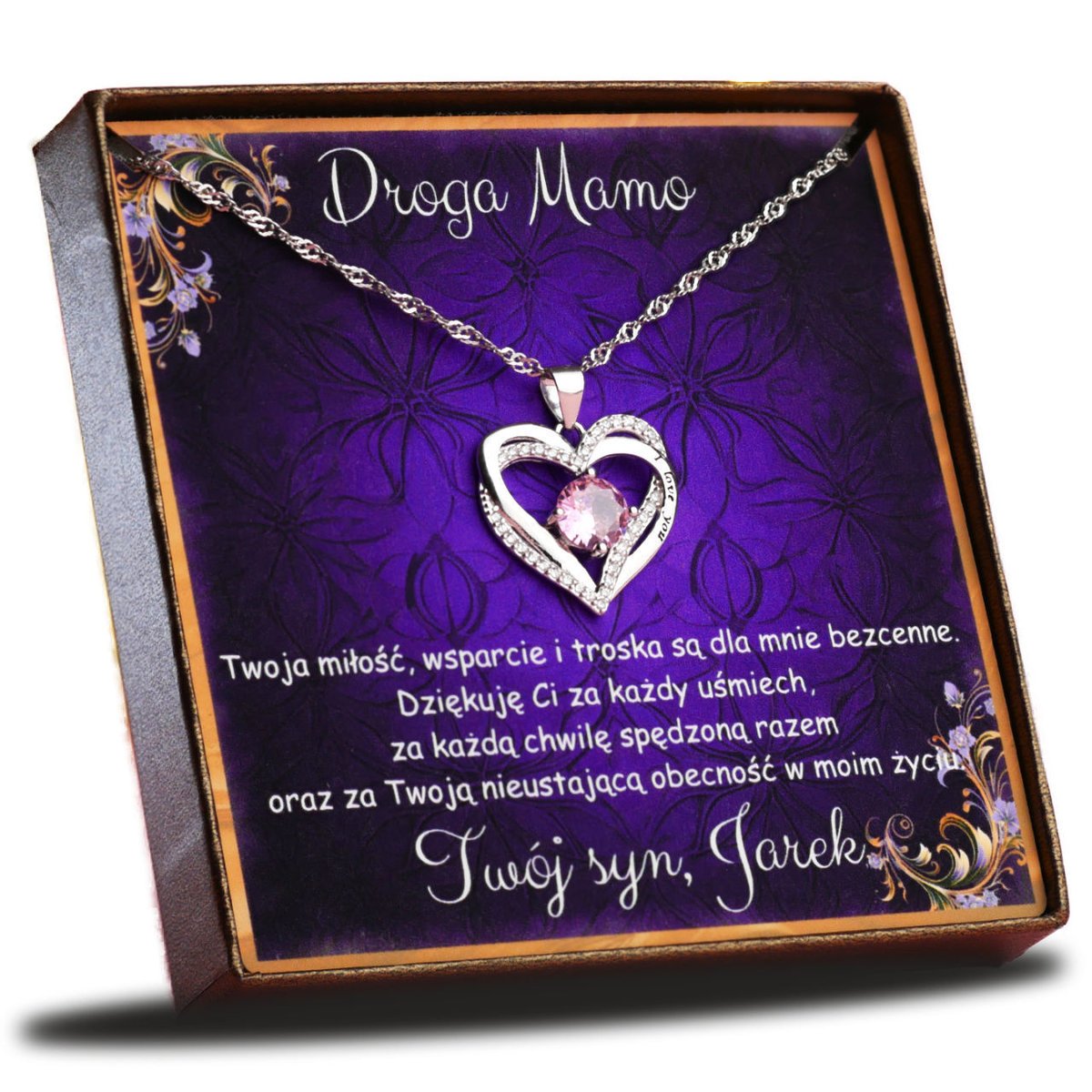 Srebrny naszyjnik serce z jasnoróżowym kamieniem – Prezent dla Mamy od syna