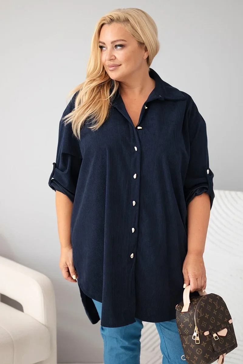 Koszula damska Plus Size z wiskozy sztruksowa z podpinanymi rękawami granatowa Granatowy