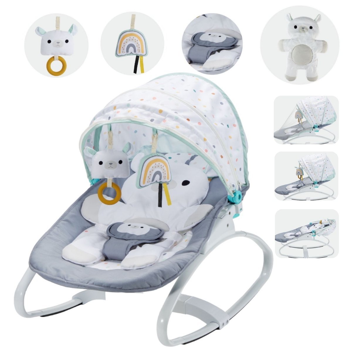 Leżaczek Bujaczek Dla Niemowląt Kołyska Łóżeczko Daszek Baldachim Zabawki