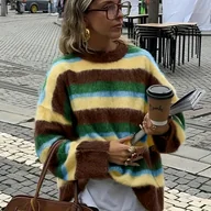 Swetry damskie - TEMU Damski Przytulny Sweter w Paski - Bluzka z Długim Rękawem i Okrągłym Dekoltem w Kolorach: Brąz, Żółty, Zielony, Czerwony, Różowy, Pomarańczowy, - miniaturka - grafika 1