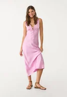 Sukienki - Stradivarius Satynowa sukienka midi z koronką Pastelowy róż XS - miniaturka - grafika 1