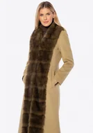 Płaszcze damskie - Długi damski płaszcz z wełny i sztucznego futra brązowy - miniaturka - grafika 1