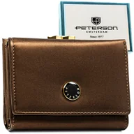 Portfele - Portmonetka damska brązowa ze złotymi okuciami mały portfel na zatrzask i bigiel rozbudowany na karty PETERSON skóra naturalna i ekologiczna pudełko.. - miniaturka - grafika 1