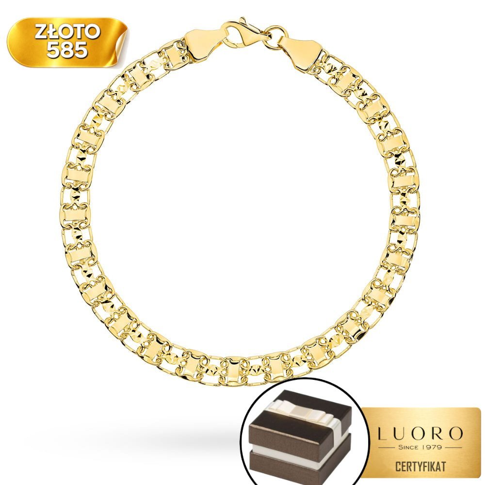 BRANSOLETKA ZŁOTA 585 14K DIAMENTOWANE ZDOBIENIE PŁASKA 19,5 CM ELEGANCKA