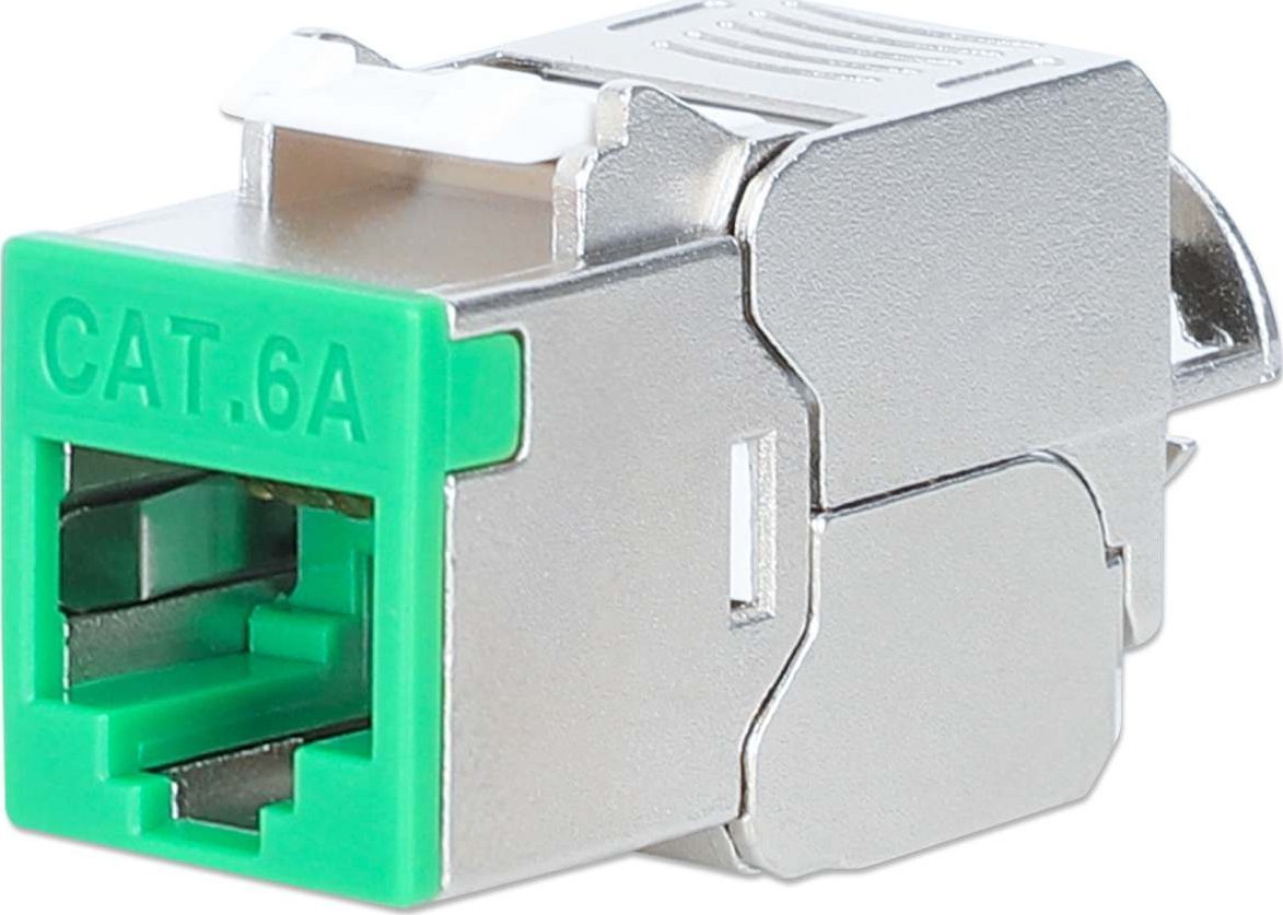 Intellinet Network Solutions INTELLINET Cat6a 10G Slimline Keystone-Modul STP werkzeuglos mit Rastclip f�r Massivdraht vergoldete Kontakte Metallgeh�use gr�n 791335