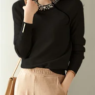 Swetry damskie - TEMU Sweter damski z okrągłym dekoltem i długim rękawem - casualowy, ozdobiony perłami, jednokolorowy, średnio elastyczny pulower na każdą porę roku, - miniaturka - grafika 1