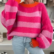 Swetry damskie - TEMU Elegancki Różowo-Pomarańczowy Sweter w Paski dla Kobiet - Miękki, Styl Casual z Żebrowanymi Mankietami, Okrągłym Dekoltem i Rozkloszowanymi - miniaturka - grafika 1
