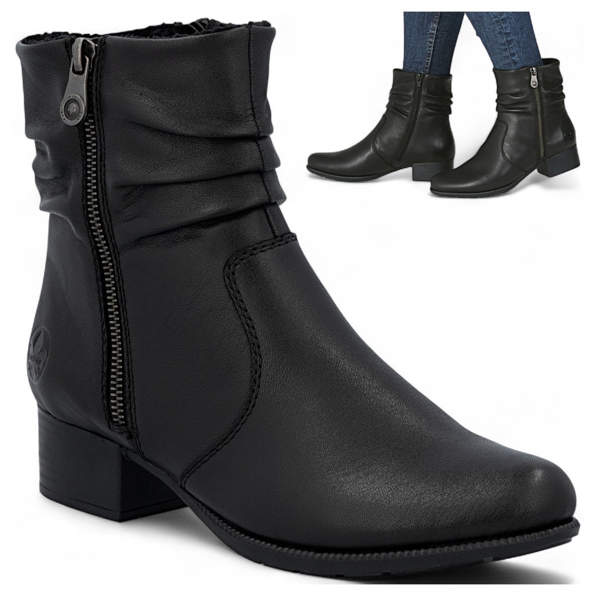 Rieker Botki Damskie SKÓRZANE Eleganckie na Klocku Wygodne Ciepłe Czarne 38