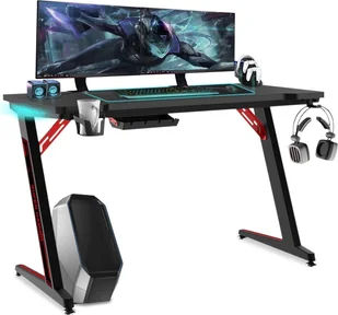 Stół do gier Sessamen-LP Biurko komputerowe LED z uchwytem na kubek, haczyk na słuchawki Biurko PC z ramą Z do domowego biura, 120 x 60 cm - Biurka gamingowe - miniaturka - grafika 1