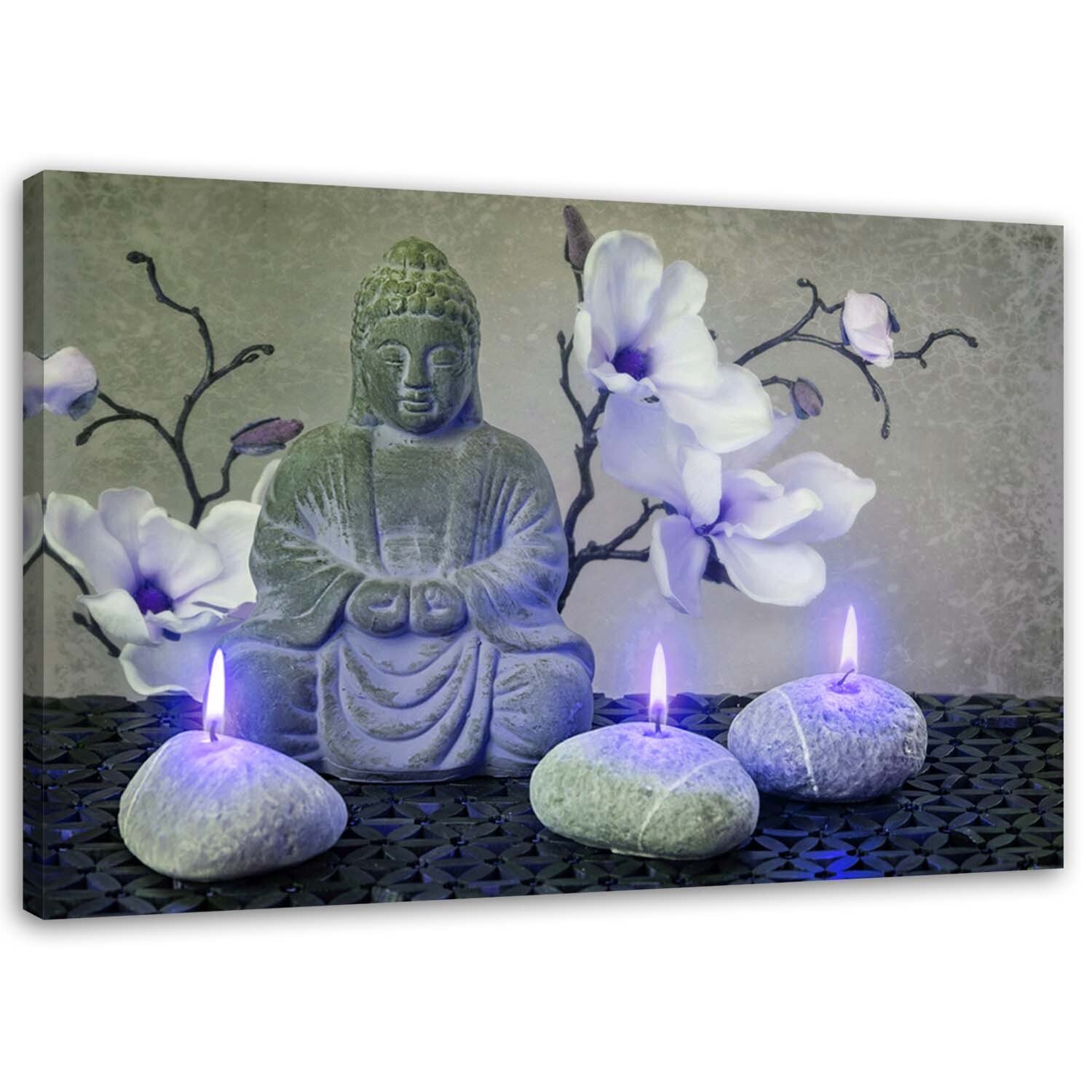 Obraz na płótnie Budda z orchideami i świecami 90x60 cm 3D VLIES fototapeta fototapetyReplika acja ścienna projekt salon sypialnia przedpokój biuro kuchnia