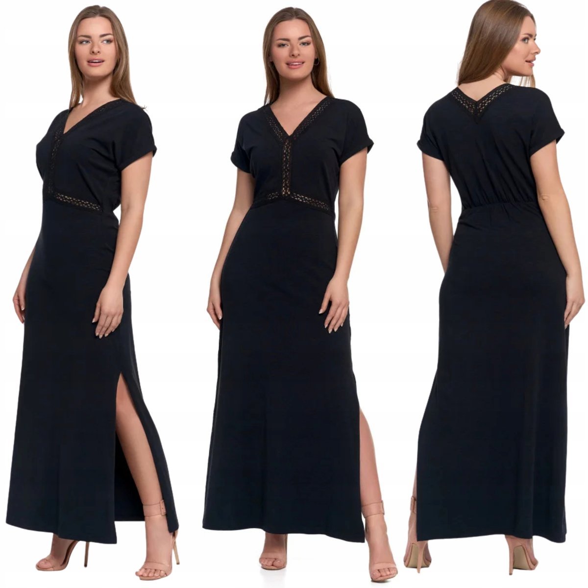 SUKIENKA DAMSKA MAXI ELEGANCKA DEKOLT W SEREK ROZCIĘCIE KORONKA MORAJ L BLACK