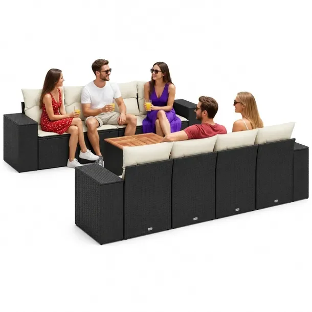 Zestaw Wypoczynkowy Rattan PE z Stolikiem Akacjowym, Czarny 55x62x69 cm