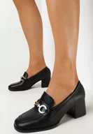Mokasyny damskie - Czarne Mokasyny na Słupku z Kwadratowym Noskiem i Metalową Ozdobą Abrey - miniaturka - grafika 1