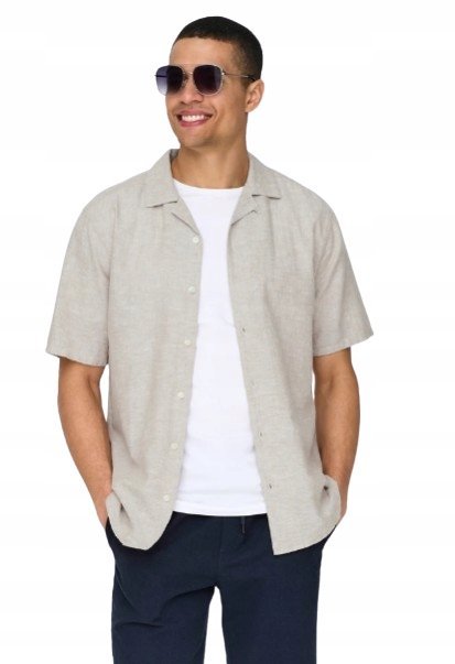 ONLY&SONS SLIM BEŻOWA KOSZULA MĘSKA Z LNEM KRÓTKI RĘKAW M KWG