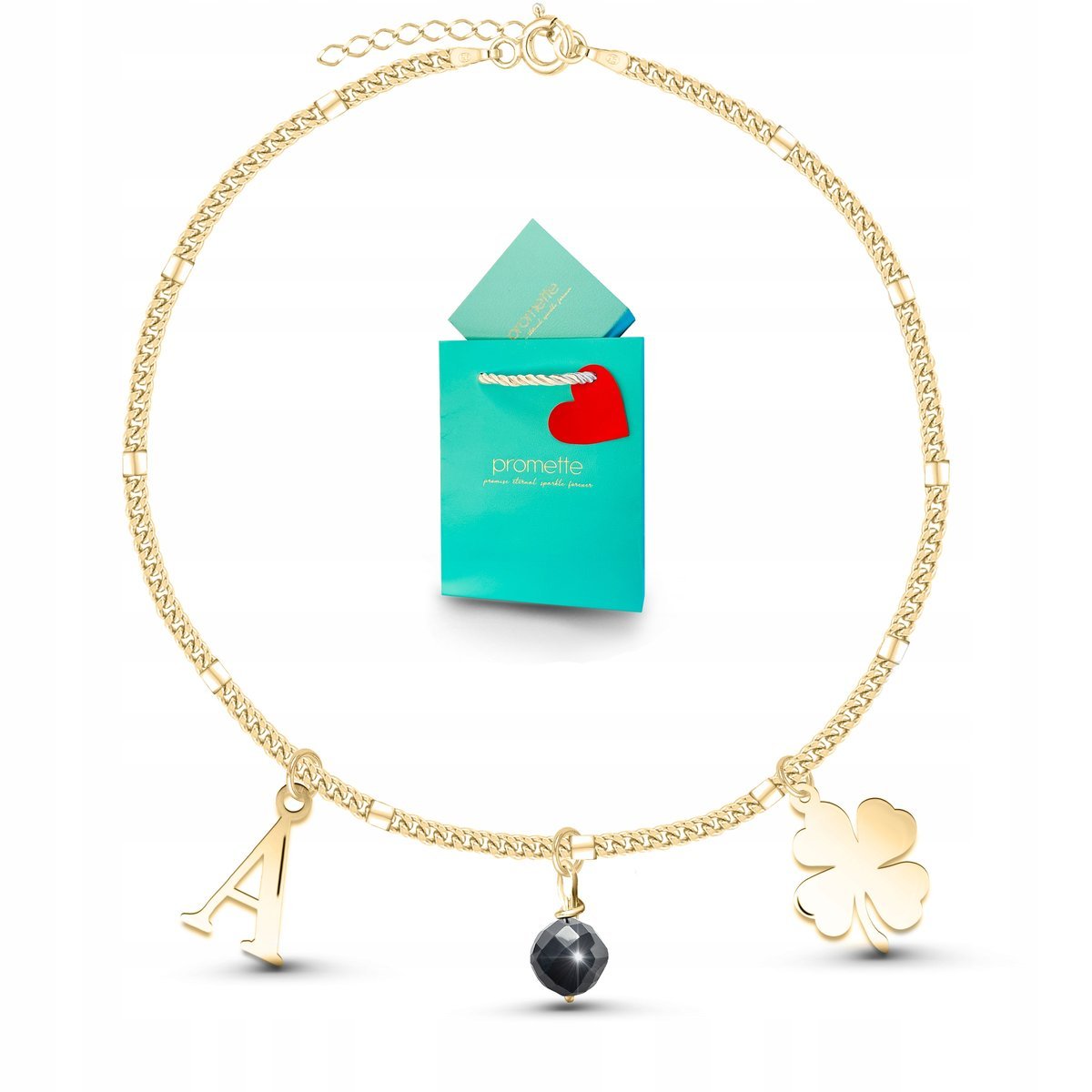 Bransoletka czarny turmalin złota damska koniczynka z charmsami srebro 925