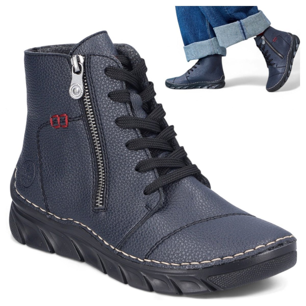 Rieker Botki Damskie Jesienne Trzewiki Ciepłe Wygodne Płaskie Granatowe 41