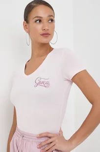 Guess t-shirt damski kolor różowy - Koszulki sportowe damskie - miniaturka - grafika 1
