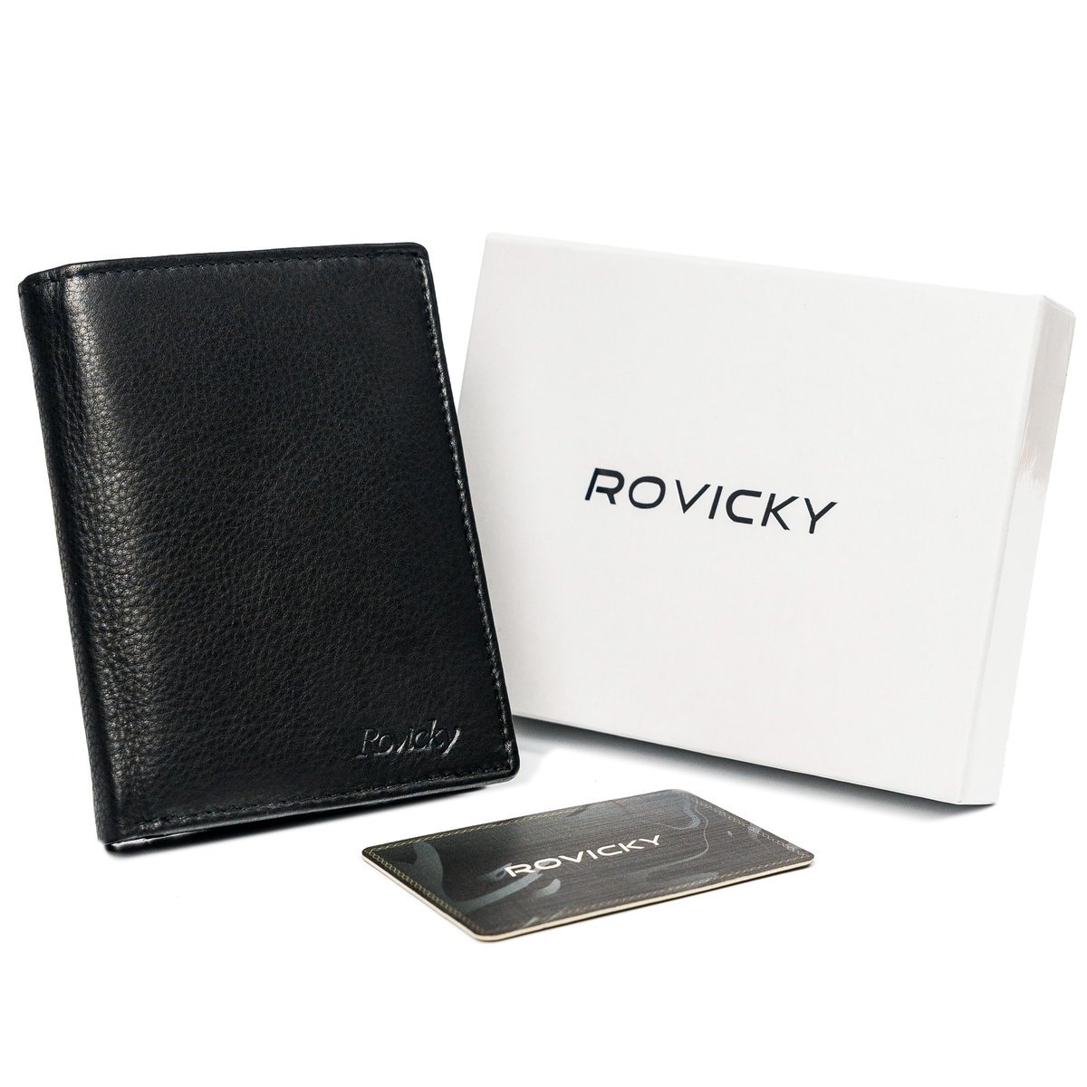 Duży skórzany portfel męski ROVICKY czarny pionowy bez zapięcia rozbudowany na karty dokumenty pudełko prezentowe ochrona RFID