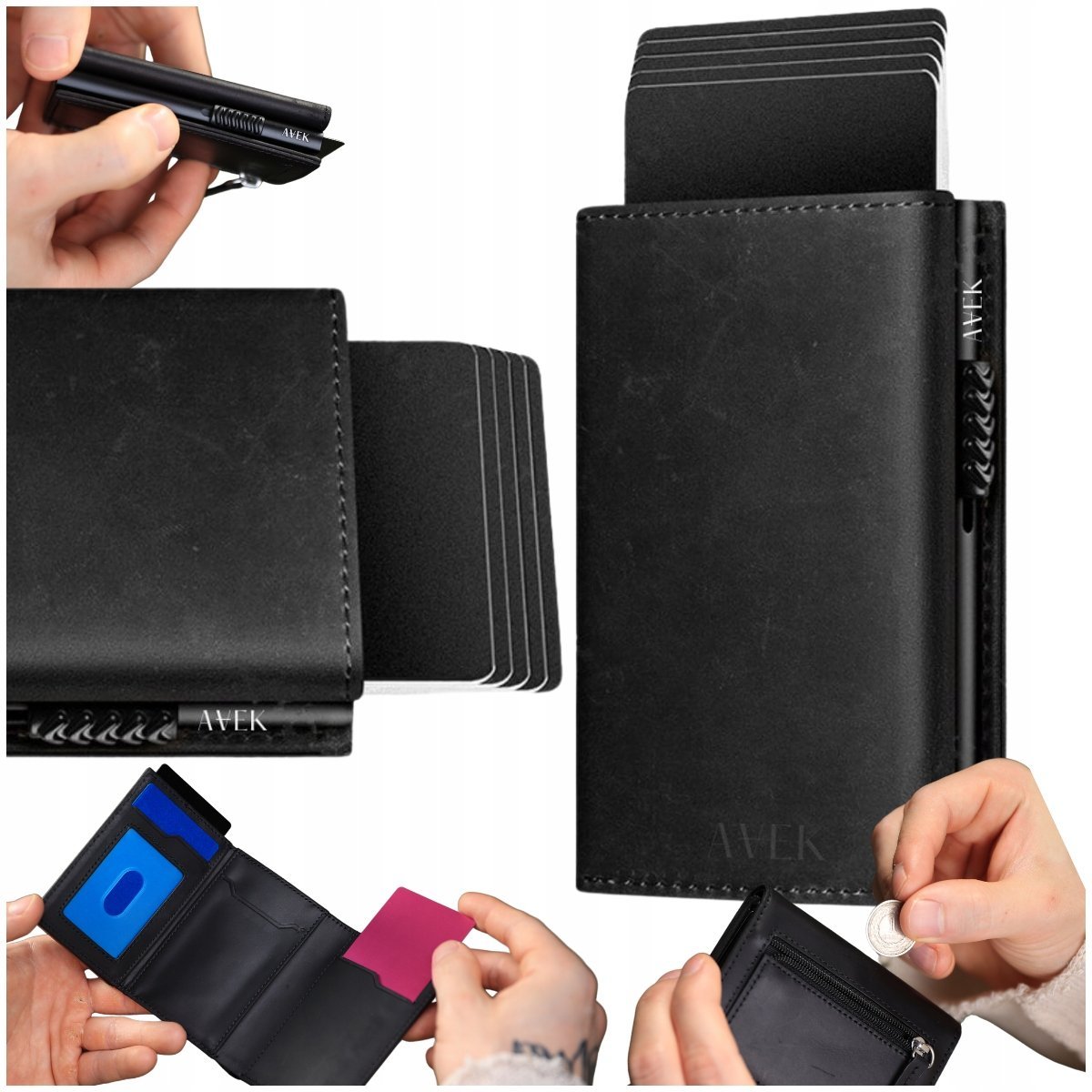 PORTFEL ETUI NA KARTY MĘSKI WALLET CZARNY ZE SKÓRY SKÓRZANY OCHRONA RFID / AVEK
