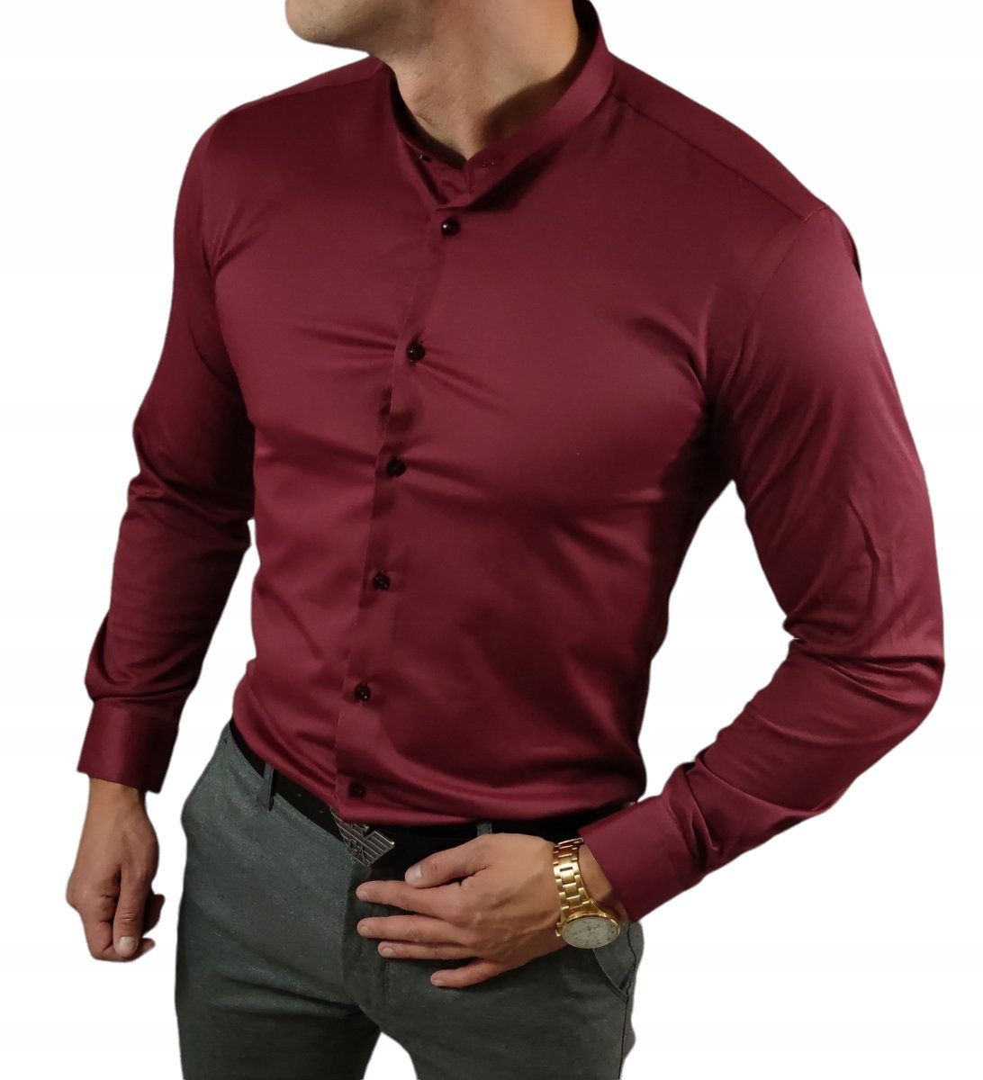 Koszula elegancka ze stójką slim fit bordowa ESP013 - XL
