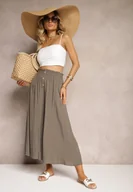 Spodnie damskie - Brązowe Wiskozowe Spodnie Palazzo z Gumką w Talli Zdobione Guzikami z Nogawkami 3/4 Efinna - miniaturka - grafika 1