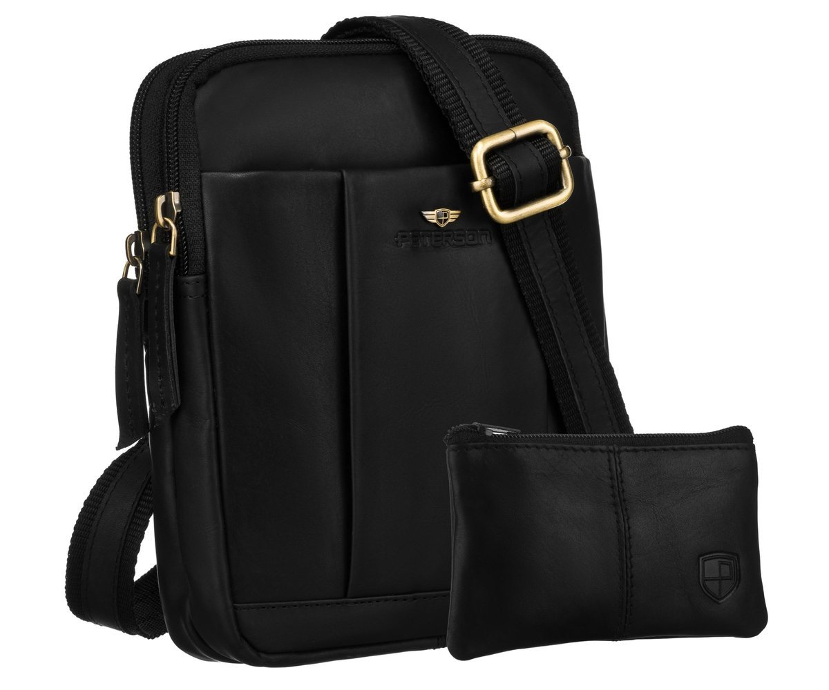 Torba męska skórzana PETERSON listonoszka miejska na ramię saszetka csrossbody dwukomorowa kieszonki na suwak czarna + etui na klucze