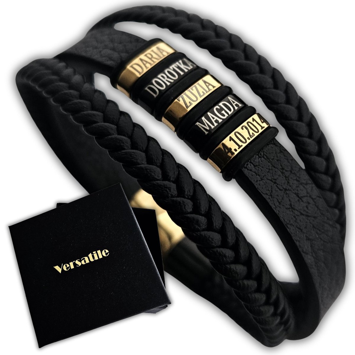 Złoto-Czarna Bransoletka Męska Z Grawerem, Imiona, Daty,Prezent Na Urodziny