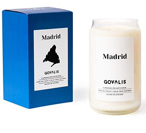 GOVALIS Świeca zapachowa Madryt | 100% naturalny wosk sojowy | 100 godzin, duża świeca zapachowa w szklance, wegańska, zapach drewna, oryginalne prezenty dla kobiet przyjaciół, pamiątki Madryt,