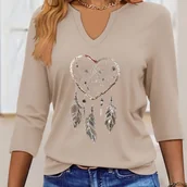 Bluzki damskie - TEMU Koszulka z Nadrukiem Graficznym, V-Neck z Trzyczwartowym Rękawem, Elegancka Jednokolorowa Bluzka na Wiosnę i , Odzież Damska - miniaturka - grafika 1