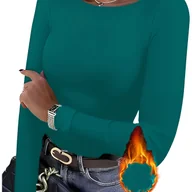 Bluzki damskie - TEMU Damski Ciepły T-Shirt z Długim Rękawem i Okrągłym Dekoltem - Jednokolorowa Bluzka Casual, Średnioelastyczny Materiał Idealny do Warstwowania, - miniaturka - grafika 1