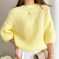 Swetry damskie - TEMU Jednokolorowy Minimalistyczny Sweter z Siedmiu Rękawów, Luźny Okrągły Dekolt, Miękki Pulower Damski - miniaturka - grafika 1