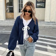 Swetry damskie - TEMU Elegancki kardigan z dekoltem w szpic na kobietę - stylowy sweter z kolorowymi blokami i wiązaniem z przodu, długi rękaw, regularny krój - - miniaturka - grafika 1