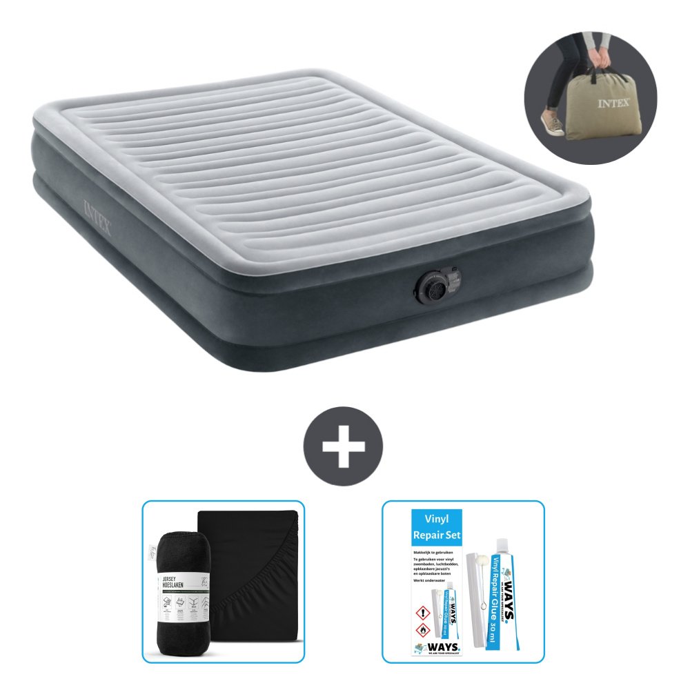 Intex Airbed - Podwójne łóżko - 137 x 191 x 33 cm - Szare - W zestawie pompka - prześcieradło i zestaw naprawczy