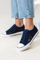 Trampki damskie - Granatowe trampki damskie koronkowe buty sportowe ażurowe sznurowane Casu EV-97 - miniaturka - grafika 1