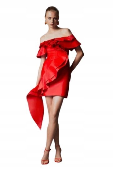 KAREN MILLEN CZERWONA SUKIENKA MINI FALBANĄ DLA NISKICH 36 B1C