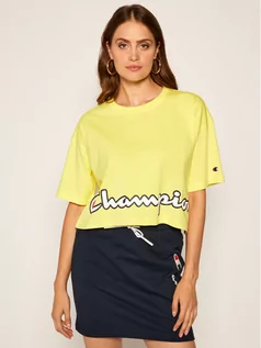 Koszulki i topy damskie - Champion T-Shirt Cropped Script Logo Print Boxy 112655 Żółty Oversize - grafika 1