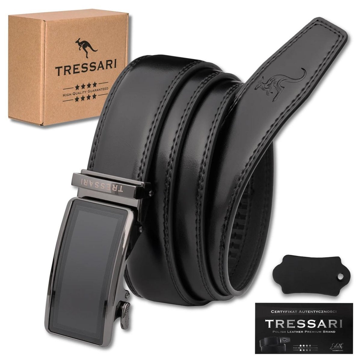 TRESSARI męski pasek automatyczny 115cm skóra naturalna do spodni czarny