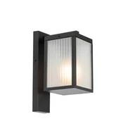 Lampy ogrodowe - QAZQA Zewnętrzna latarnia ścienna czarna z żebrowanym szkłem IP44 - Charlois - miniaturka - grafika 1