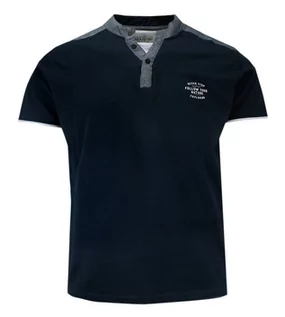 Koszulki męskie - T-shirt Bawełniany z Guzikami przy Kołnierzyku, Granatowy z Nadrukiem, Krótki Rękaw -PAKO JEANS - Pako Jeans - grafika 1