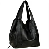 Torebki damskie - Duża torebka worek z miękkiej skóry naturalnej lekka XXL czarna - miniaturka - grafika 1