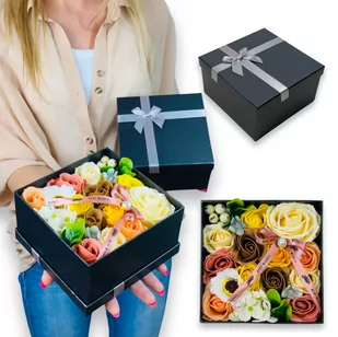 FLOWERBOX Z KWIATAMI MYDLANYMI KWIATY MYDLANE W PUDEŁKU MYDLANE RÓŻE HORTENSJE MARGARETKI PREZENT POMARAŃCZOWY - Sztuczne kwiaty - miniaturka - grafika 1