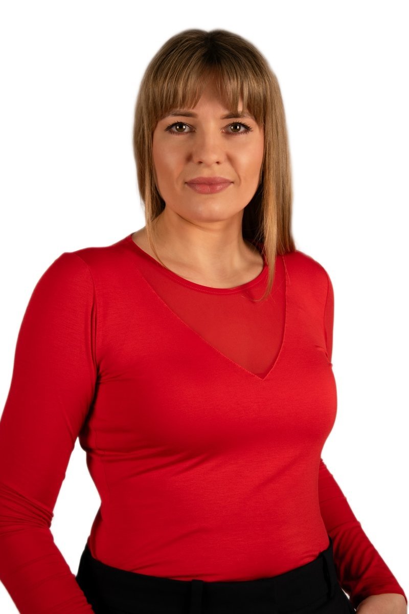 Elegancka bluzka damska z długim rękawem GINGER z tiulowym dekoltem czerwona M