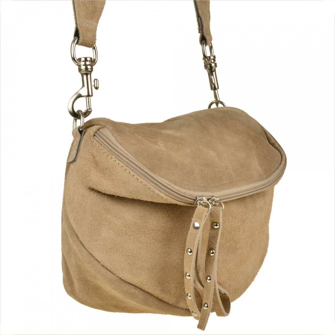 Lekka skórzana listonoszka z szerokim paskiem beżowa zamszowa