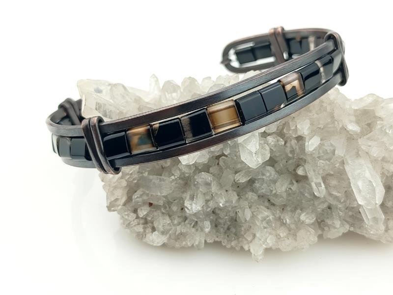 Męska bransoleta miedziana z czarnym agatem, obwód 19 cm, regulowany, waga 17 gram, rękodzieło