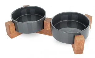 BARRY KING Zestaw 2 misek ceramicznych dla kota na drewnianym stojaku 12 cm - ciemnoszare - Miski dla kotów - miniaturka - grafika 1