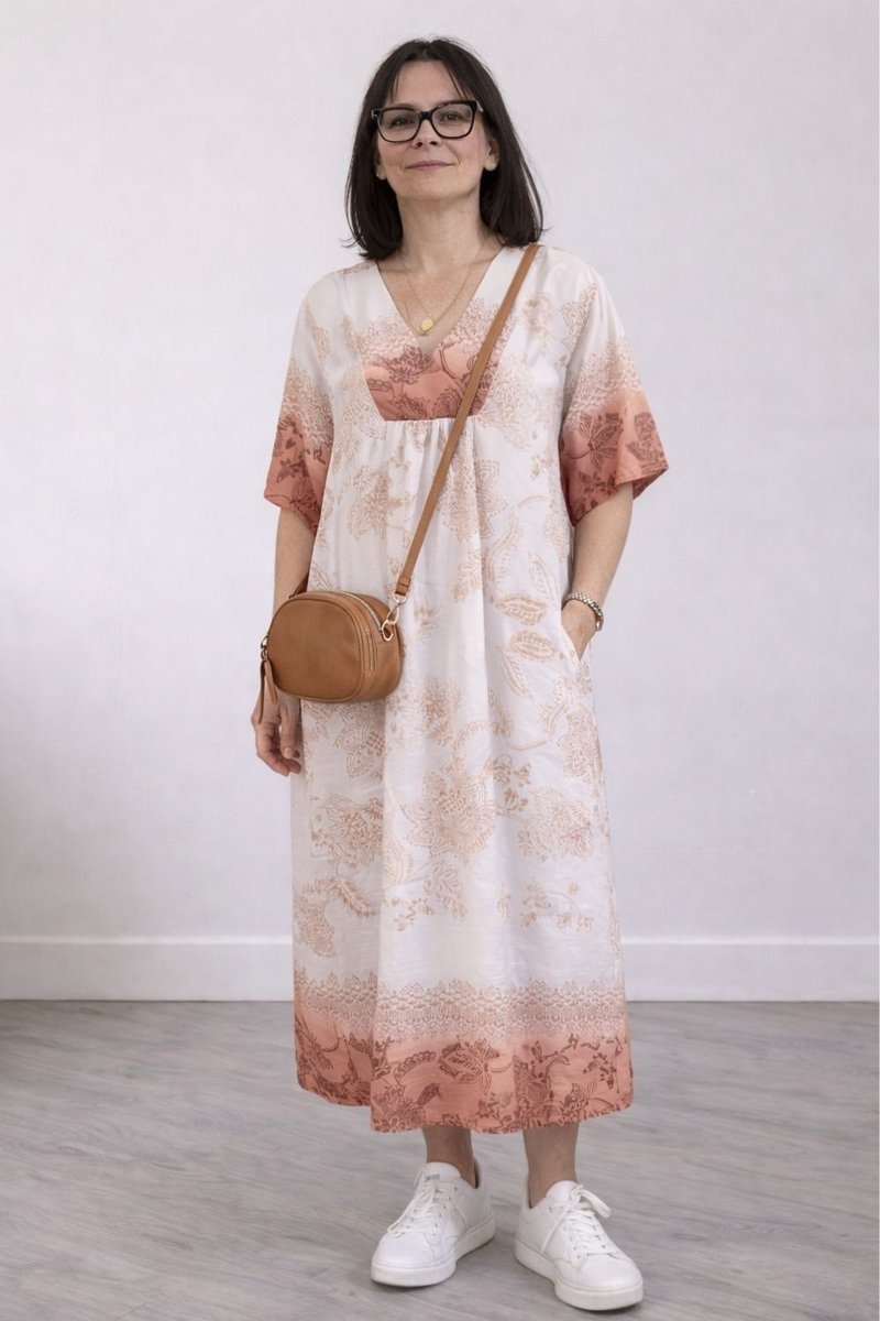 Sukienka damska beżowa boho V-neck lekka wiskoza len Włoska