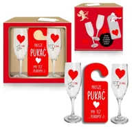 Kieliszki - WALENTYNKI 24 - zestaw 2 kieliszków do szampana i zawieszką na drzwi - Ja z Tobą. Ty ze mną. Proszę pukać...  My też pukamy - miniaturka - grafika 1