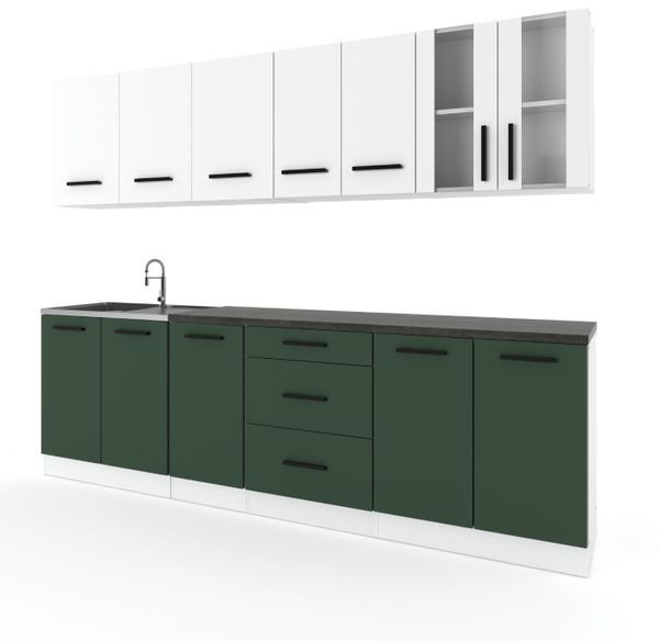 Meble Kuchenne Modułowe Komplet Remino 2.6m Zestaw Biały Butelkowa Zieleń