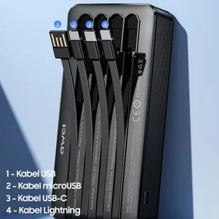 AWEI PowerBank P134K 20000mAh czarny/black wyświetlacz + kable USB/PD/Lightning/MicroUSB - Powerbanki - miniaturka - grafika 13